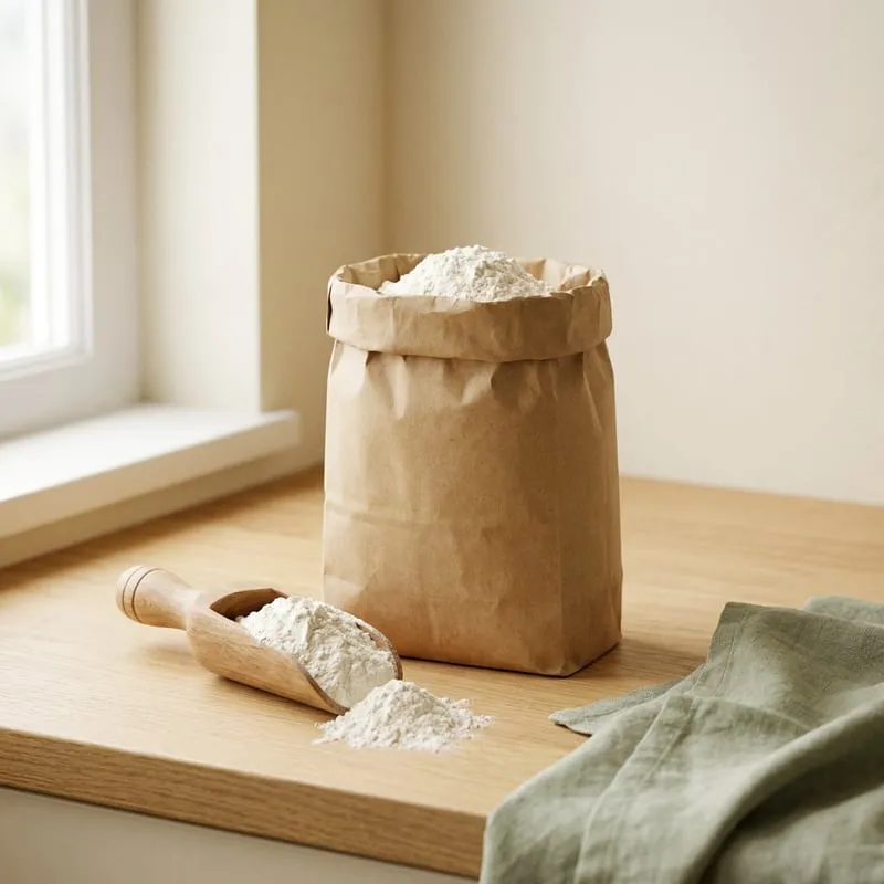 An open paper bag of white flour with a wooden scoop