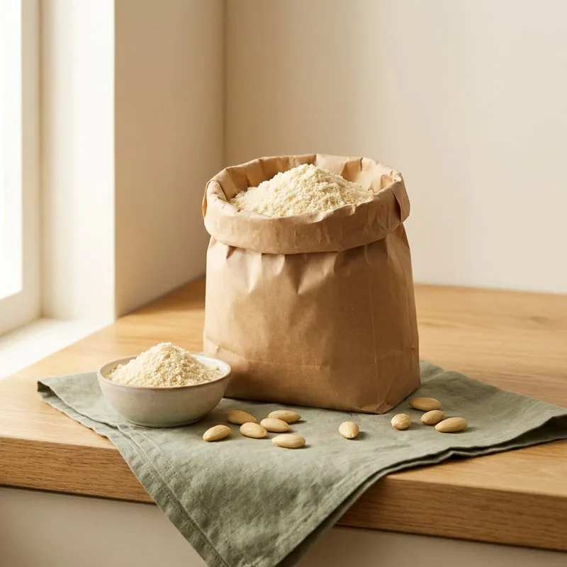 An open paper bag of almond flour with a bowl of it and whole almonds