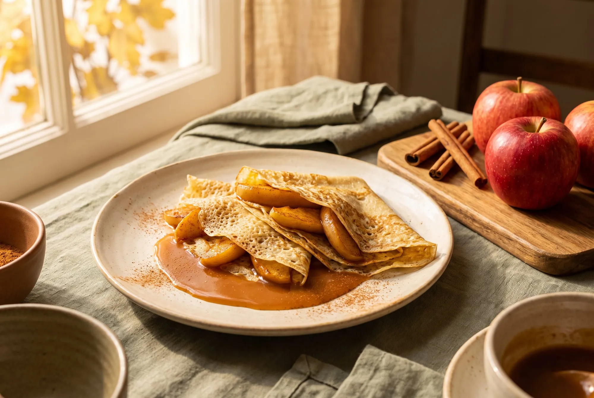 Crepes folded around caramelized cinnamon apples on a plate, with whole apples and cinnamon sticks nearby