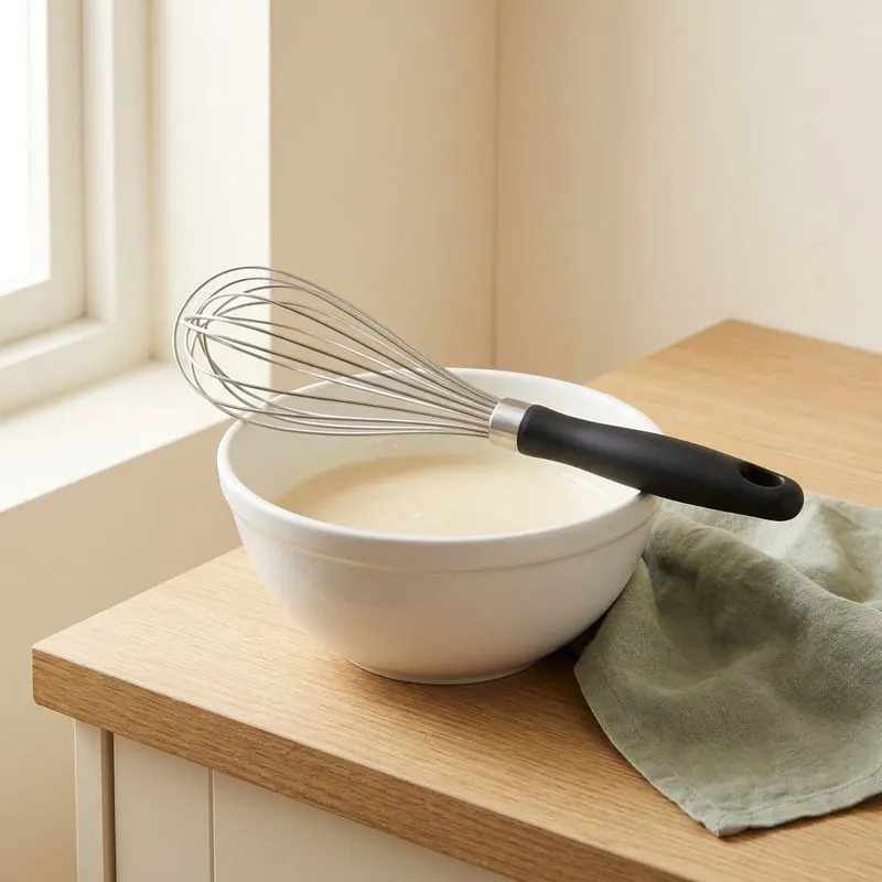 A stainless steel balloon whisk resting on a bowl of crepe batter