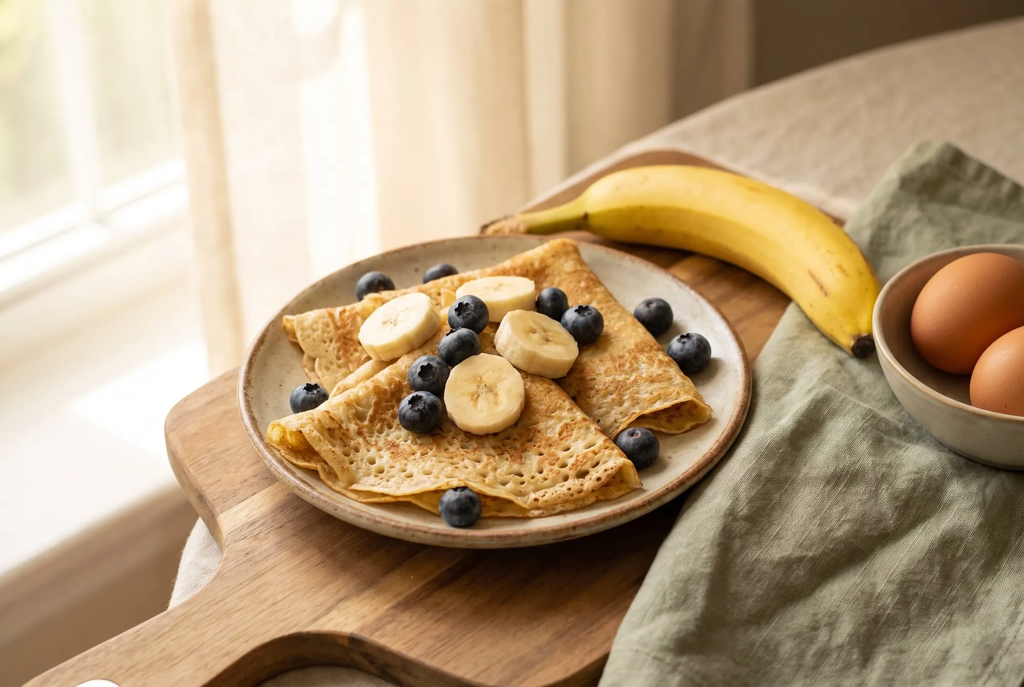 A small stack of thin banana crepes topped with sliced banana and blueberries, with a banana and two eggs beside the plate