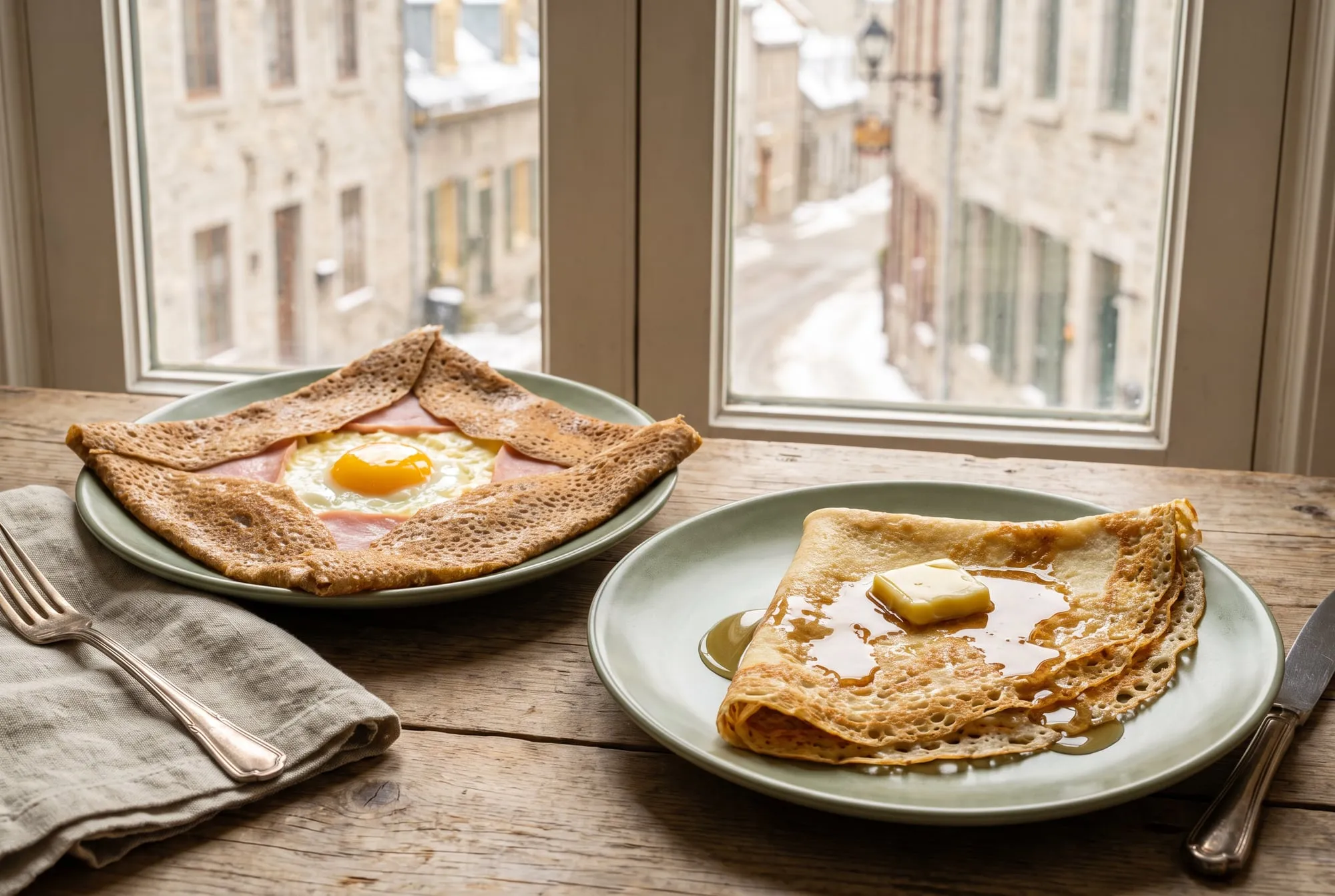 A buckwheat galette with egg and a crepe with maple syrup on a table by a window overlooking an old stone street with snow