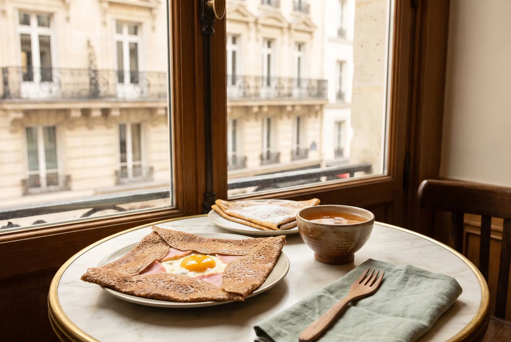 A buckwheat galette and a folded sweet crepe on a marble bistro table by a window overlooking a Paris street