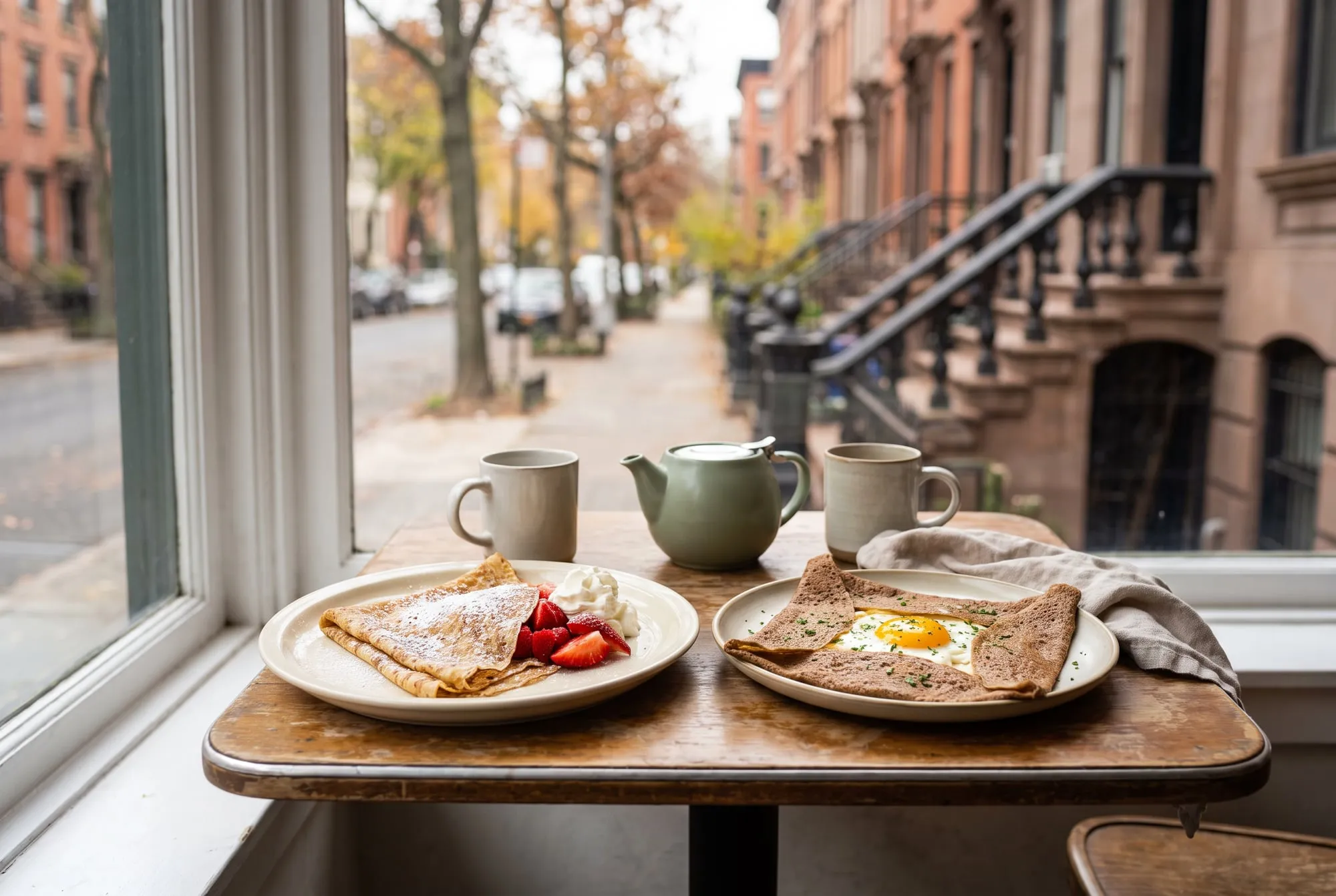A folded strawberry crepe and a buckwheat galette with egg on a cafe table by a window, with a New York brownstone street outside