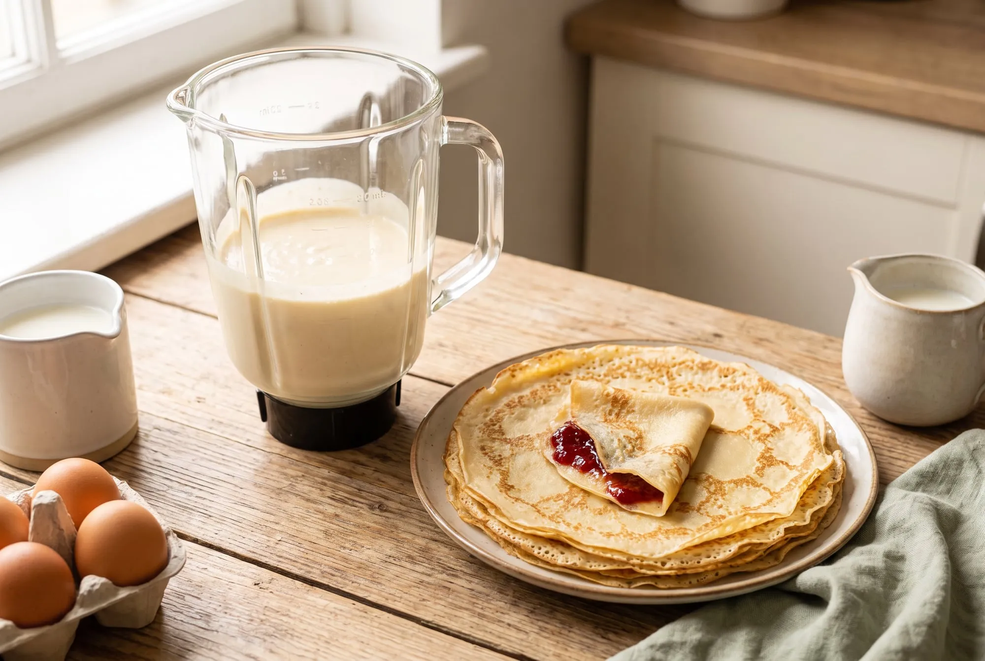 A blender jar of crepe batter beside a stack of thin crepes, one folded with jam