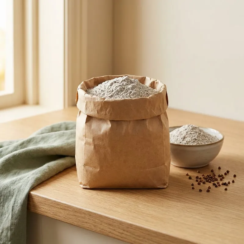 An open paper bag of buckwheat flour with a small bowl of it and buckwheat groats
