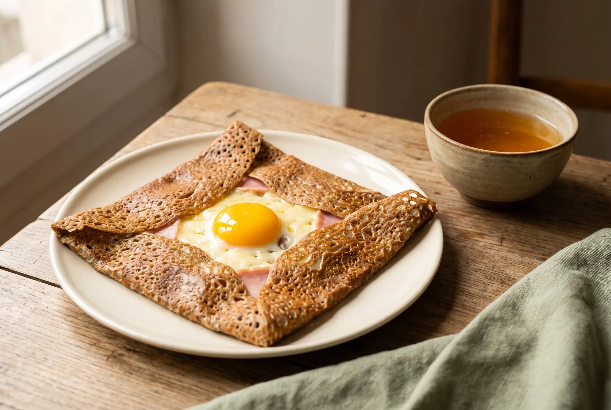 A square-folded buckwheat galette with ham, melted cheese and a sunny egg yolk in the center