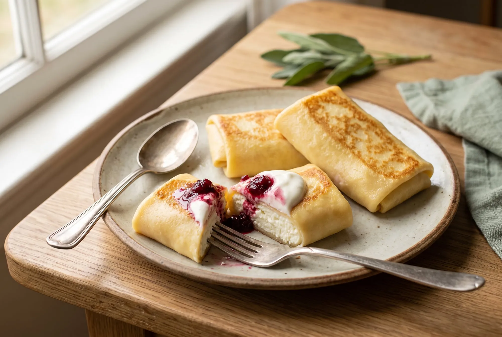 Golden pan-fried cheese blintzes on a plate, one cut open, with sour cream and berry compote