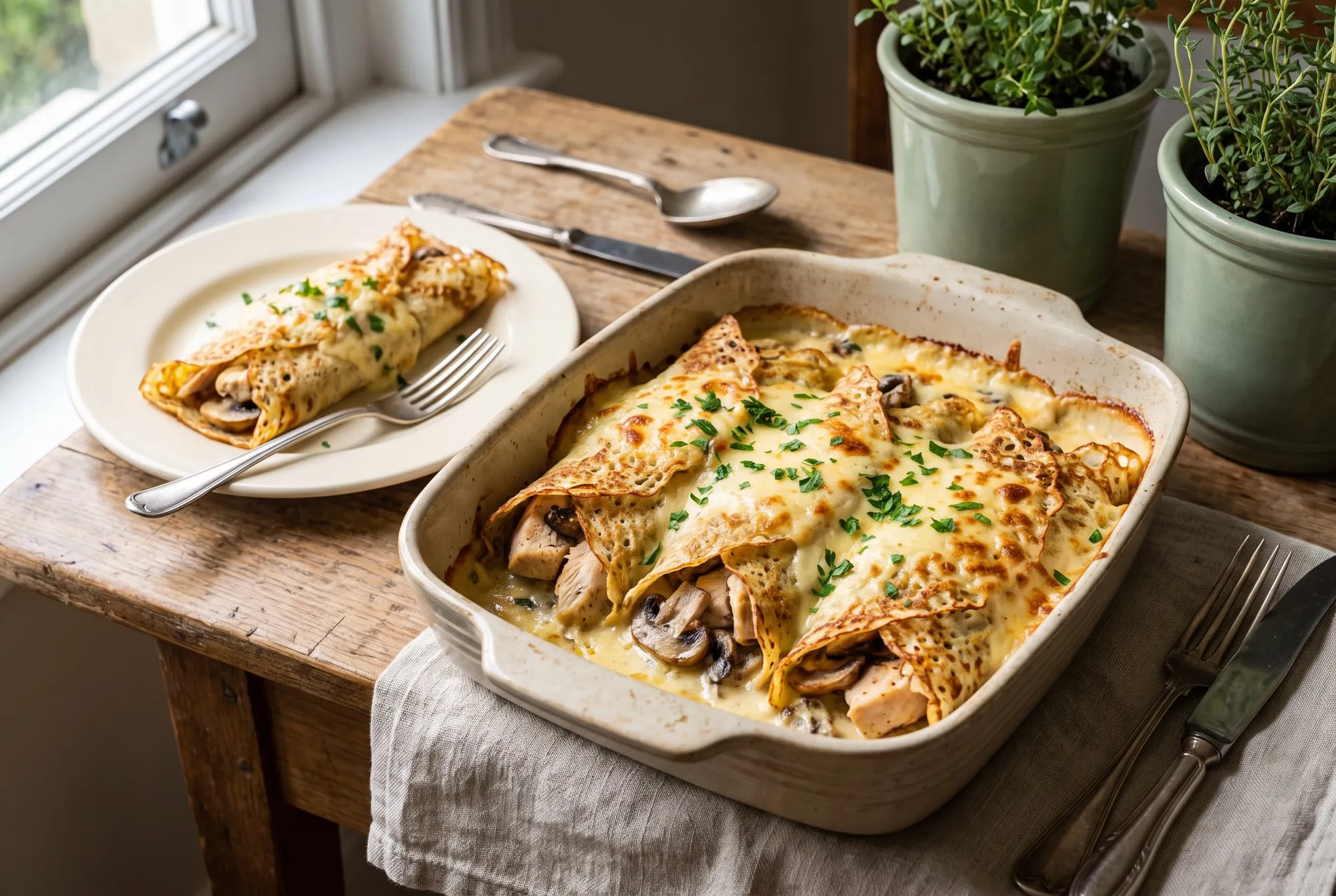 Crepes rolled around chicken and mushrooms in a baking dish, topped with golden cheese sauce and parsley