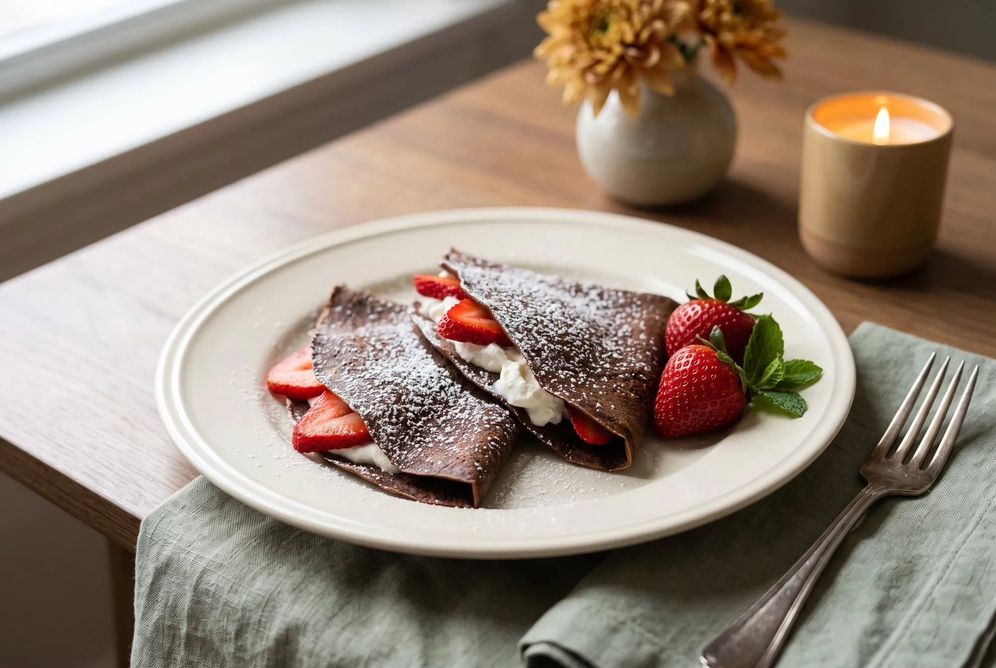 Chocolate crepes folded around whipped cream and sliced strawberries, dusted with powdered sugar
