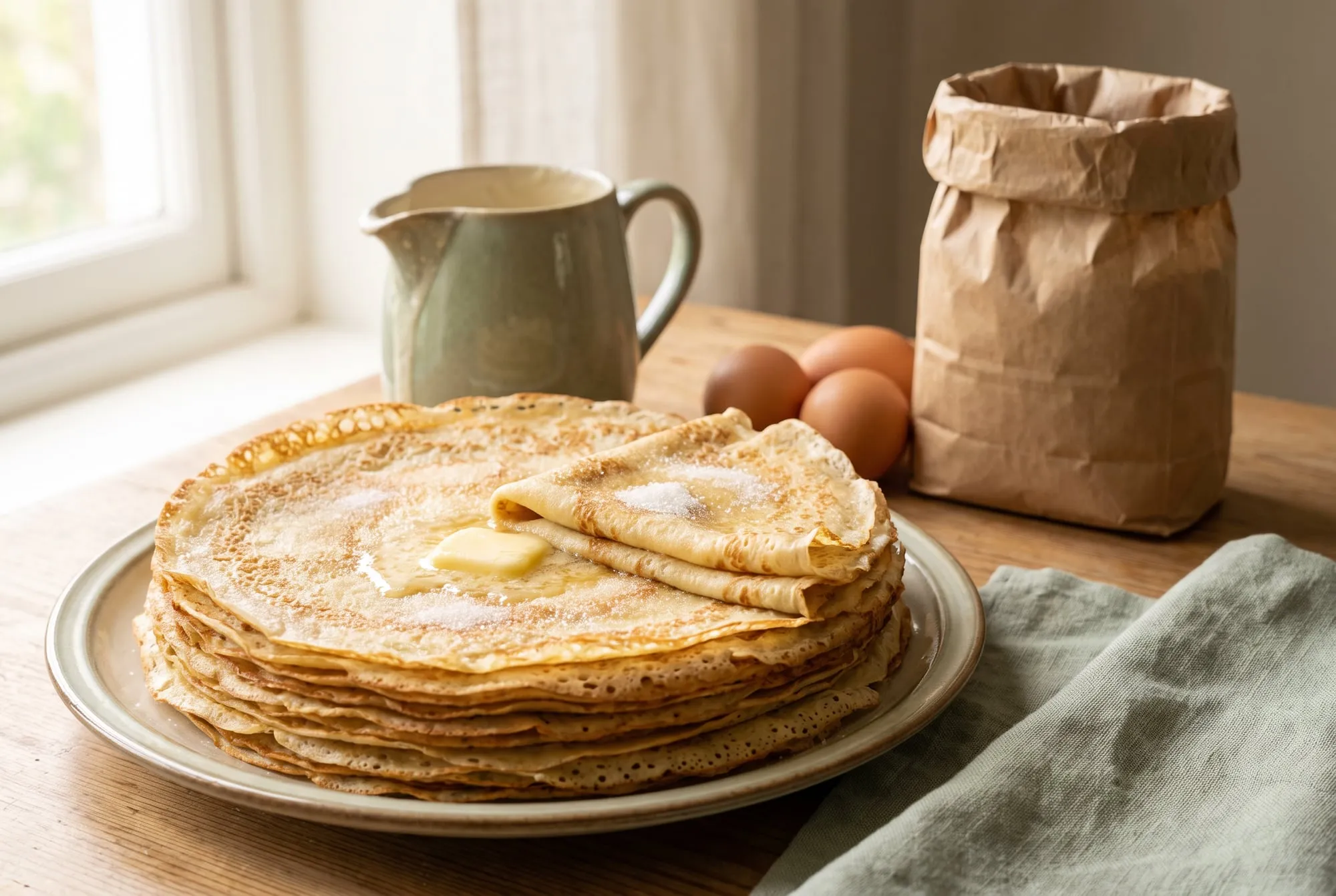 A tall stack of thin crepes, the top one folded with butter and sugar, beside a jug of batter and eggs