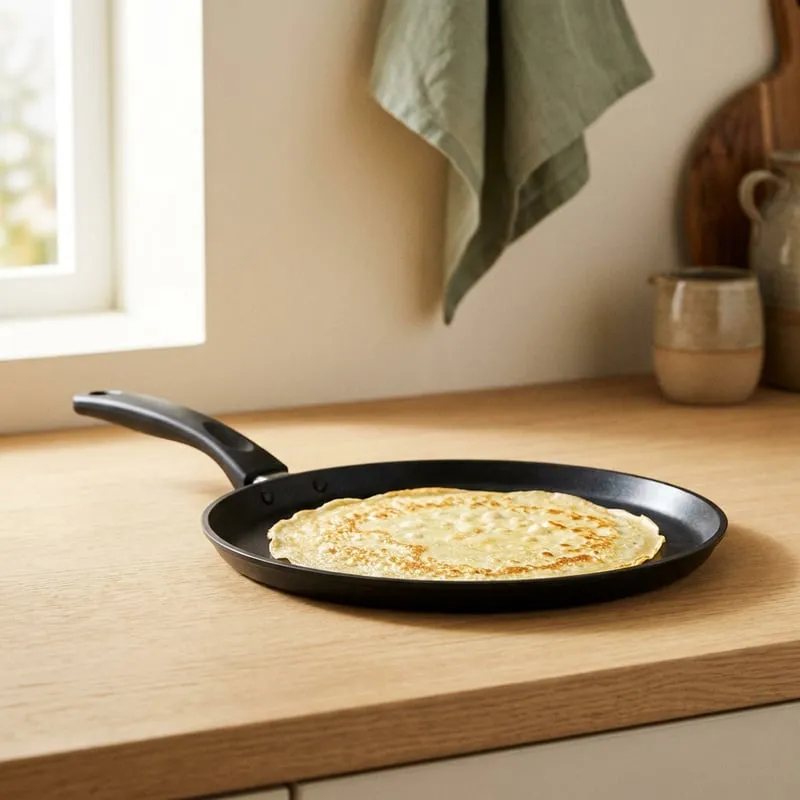A flat non-stick crepe pan with a thin crepe cooking in it