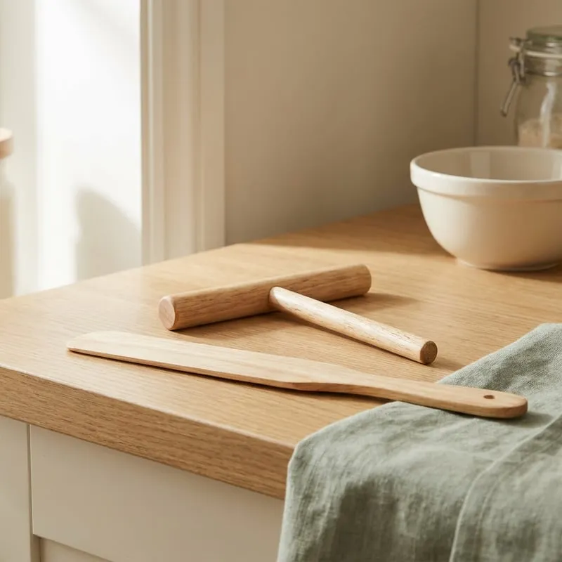 A wooden T-shaped crepe spreader and a long wooden crepe spatula