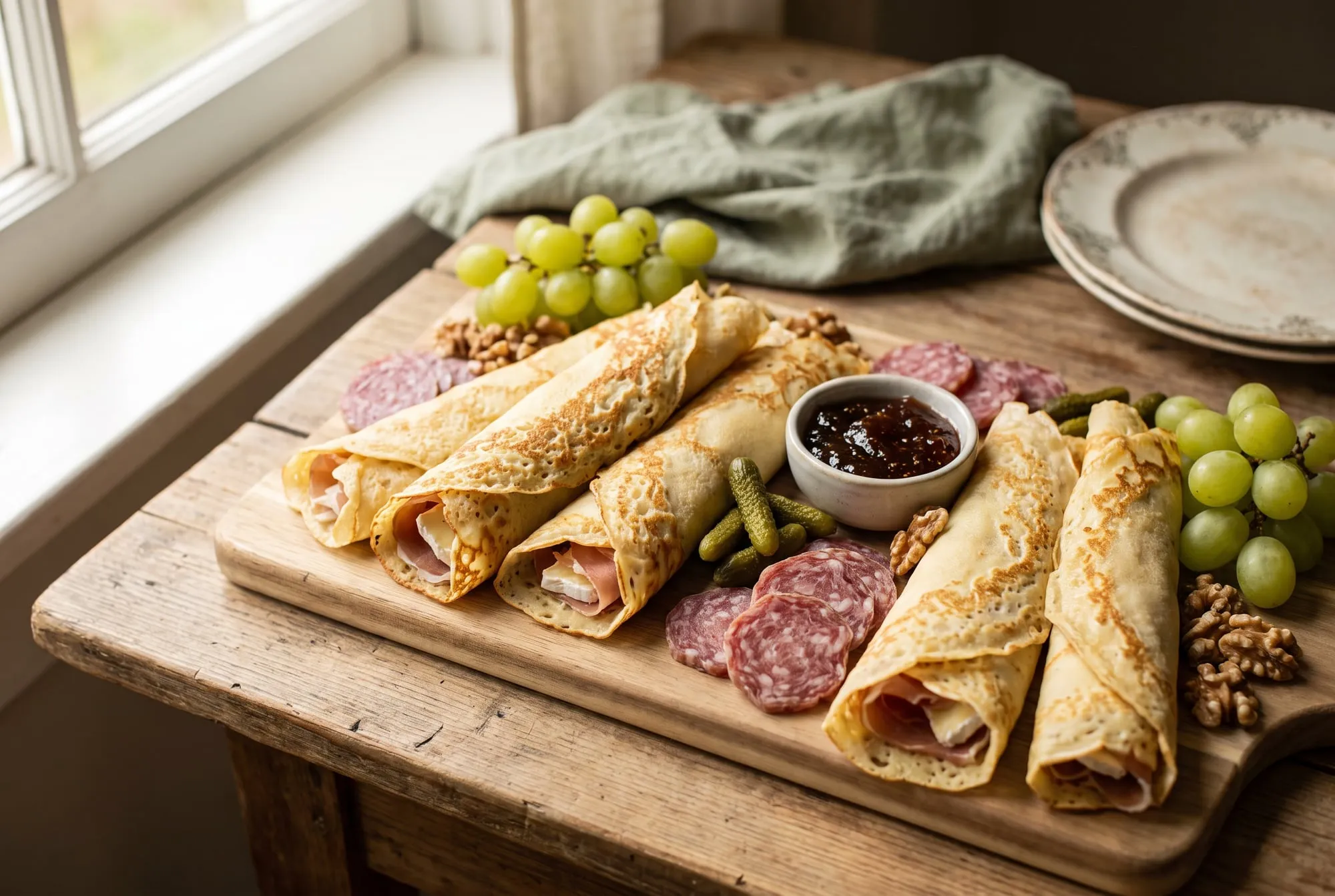 Crepes rolled around ham and brie on a wooden board with salami, cornichons, grapes, walnuts and fig jam