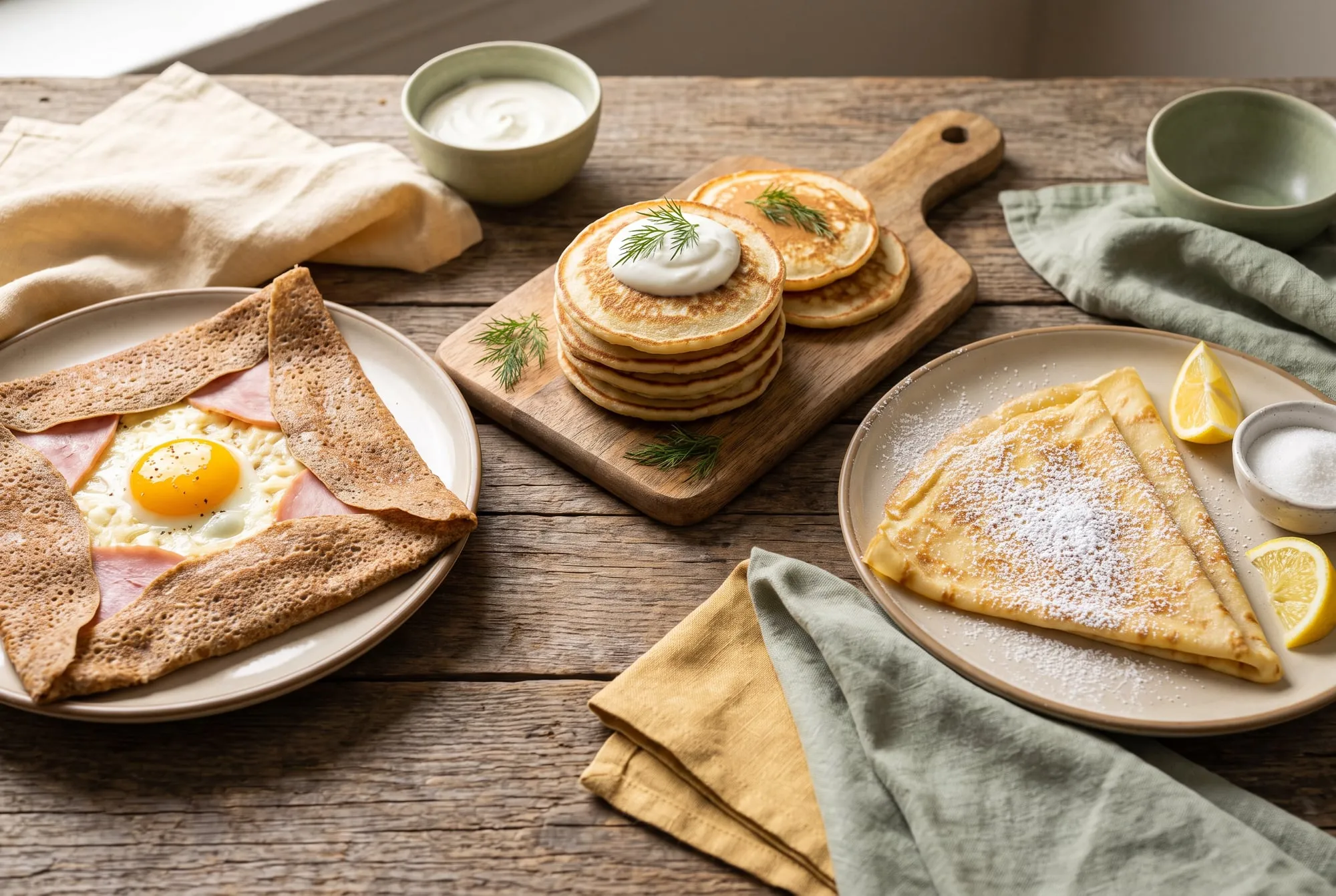 A buckwheat galette with egg and ham, a stack of blini with sour cream and dill, and a French crepe with lemon and sugar on a wooden table