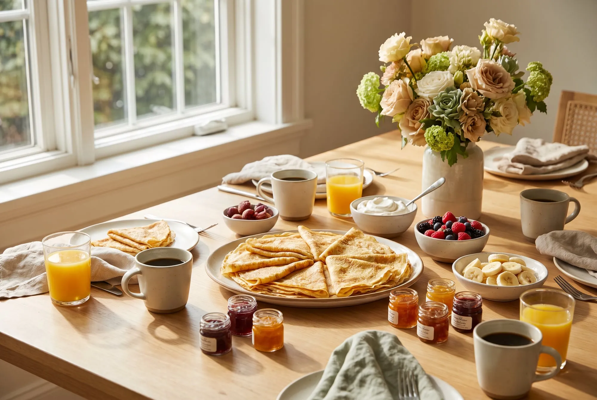 A brunch table with a platter of folded crepes, berries, bananas, jams, coffee, orange juice and flowers