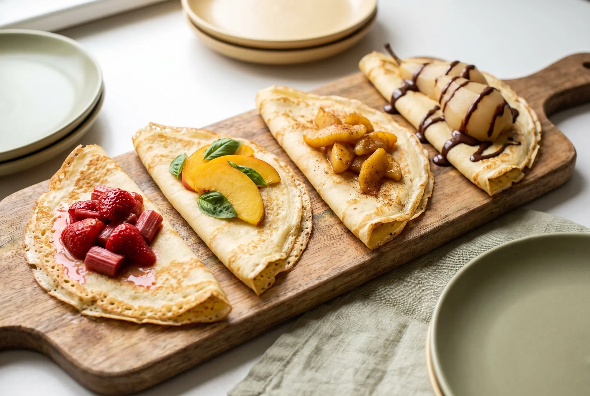Four crepes on a board topped with strawberries and rhubarb, peaches and basil, caramelized apples, and pear with chocolate
