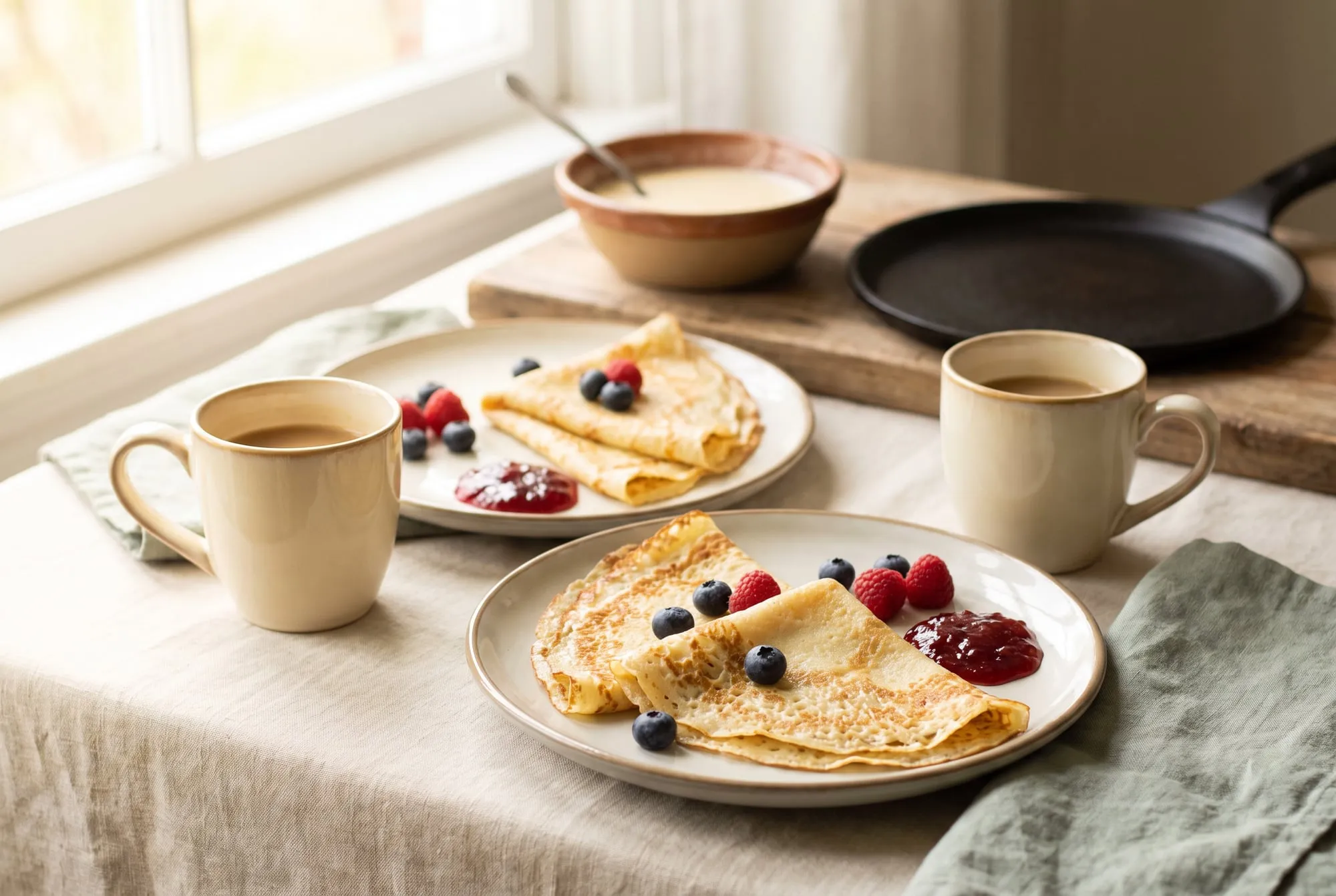 Two plates of folded crepes with berries and jam on a window table, with two cups of coffee