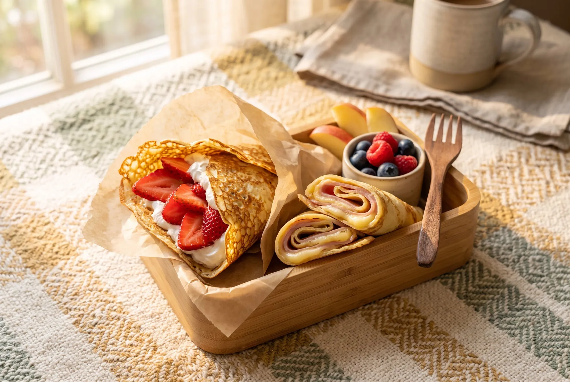 A strawberry-and-cream crepe wrapped in parchment and ham-and-cheese crepe rolls in a wooden lunch box on a picnic blanket