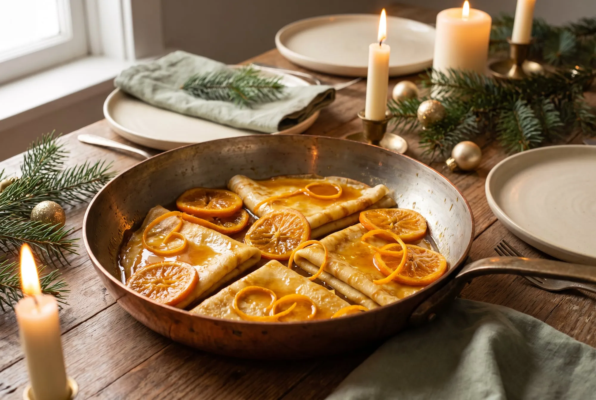 Crepes folded into quarters in a skillet with glossy orange butter sauce, orange slices and zest