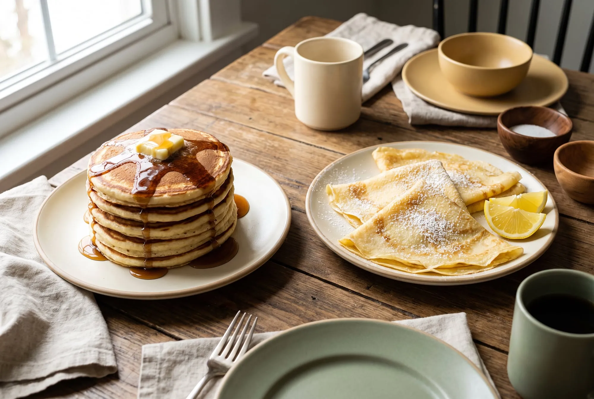 A stack of pancakes with butter and syrup beside a plate of folded crepes with powdered sugar and lemon