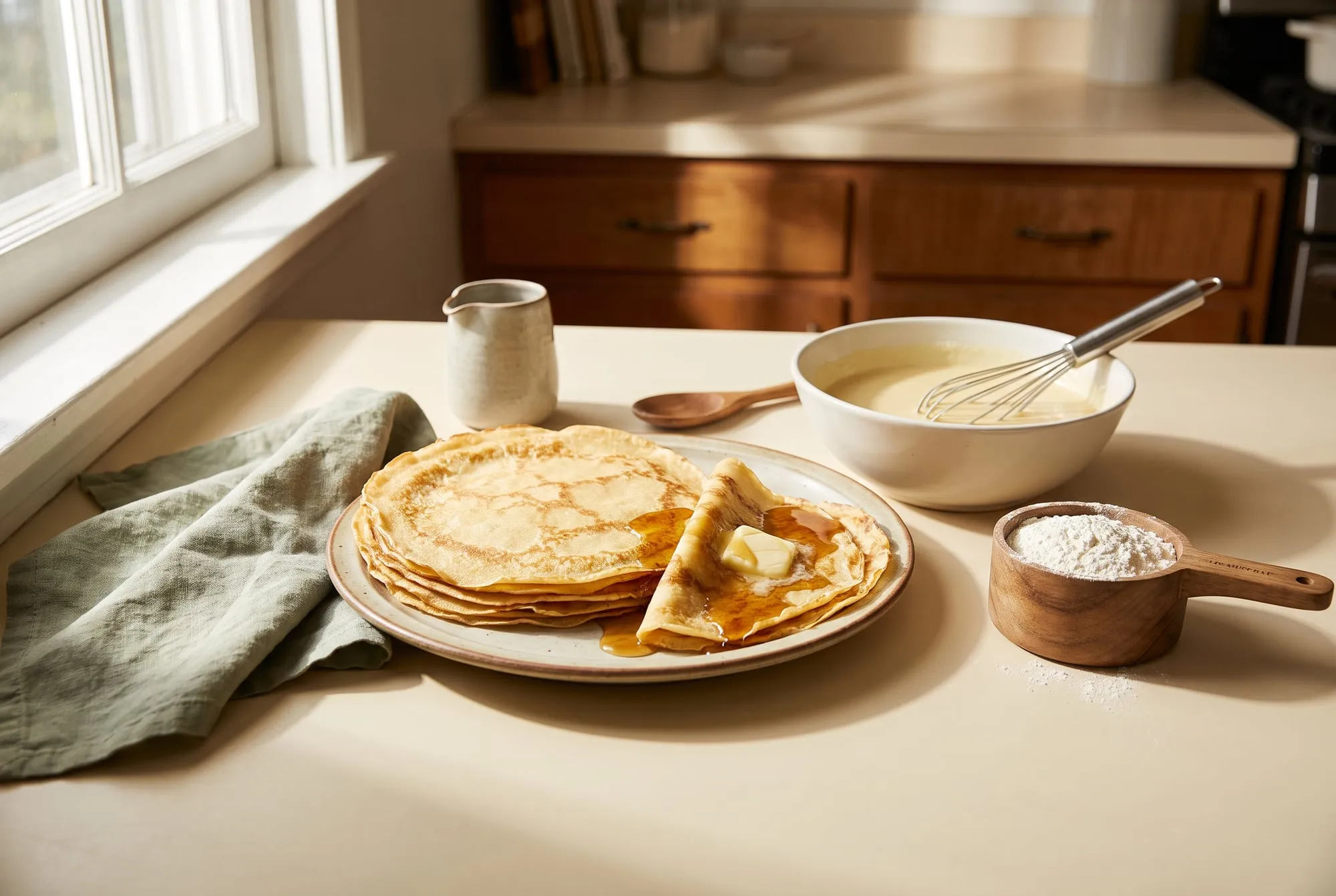 A stack of thin crepes, one folded with butter and maple syrup, beside a bowl of batter and a cup of pancake mix
