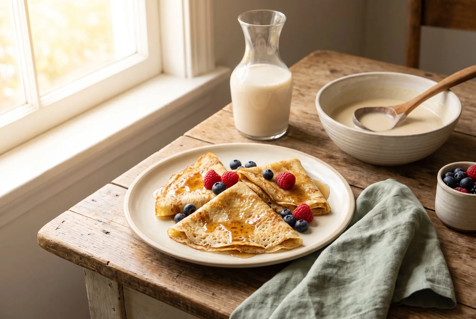 Crepes folded into quarters with berries and maple syrup, beside a carafe of oat milk and a bowl of batter
