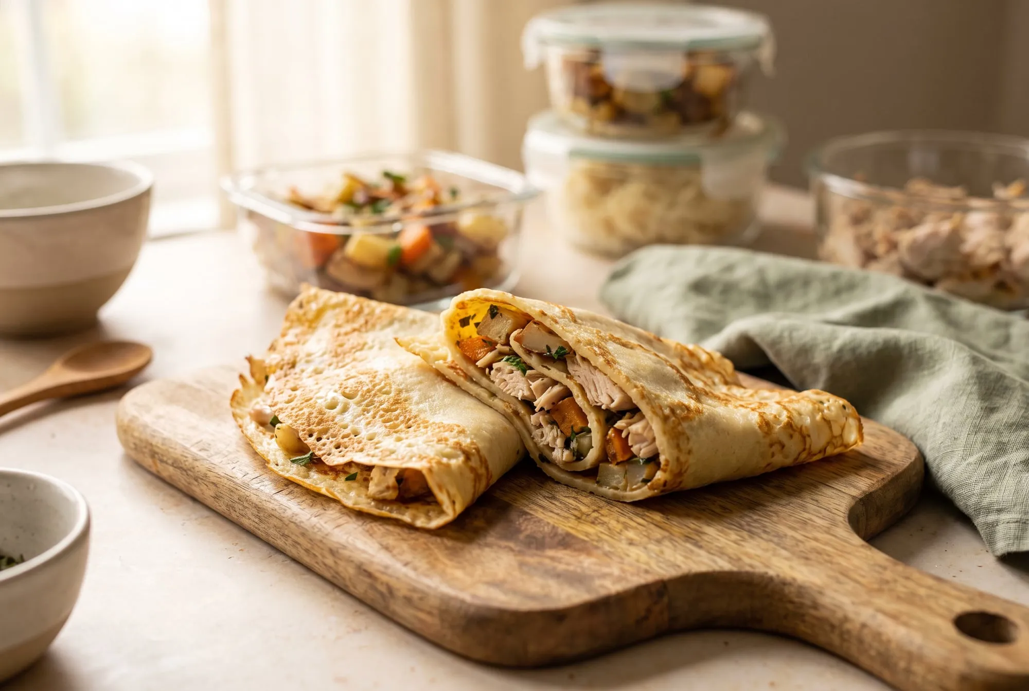 Crepes filled with roast chicken and roasted vegetables on a cutting board, with containers of leftovers behind
