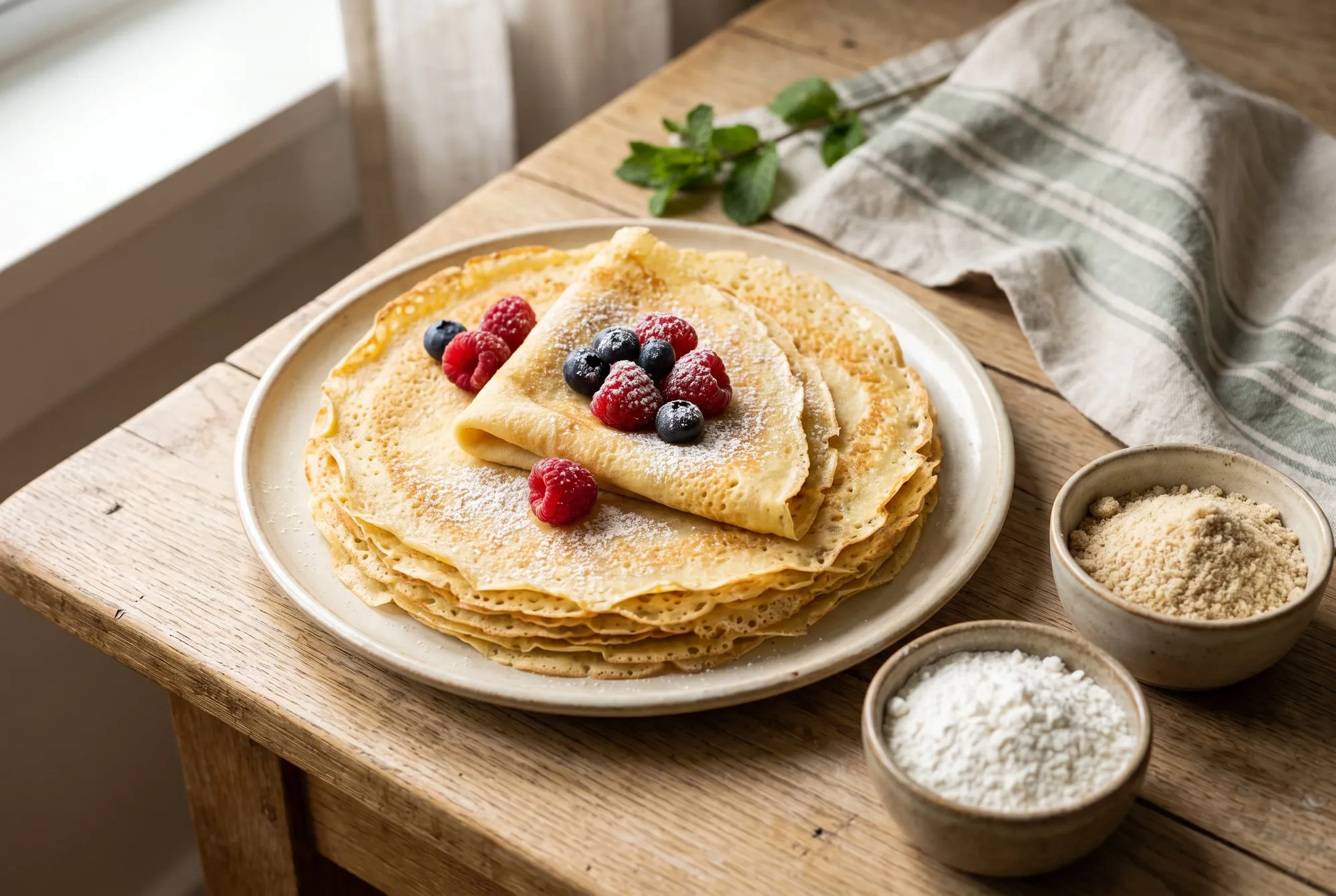 A stack of thin golden crepes topped with raspberries and blueberries, beside small bowls of rice flour and almond flour