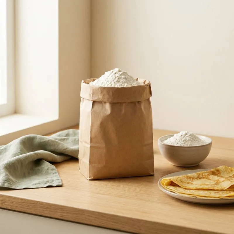 An open paper bag of gluten-free flour beside a bowl of flour and a crepe