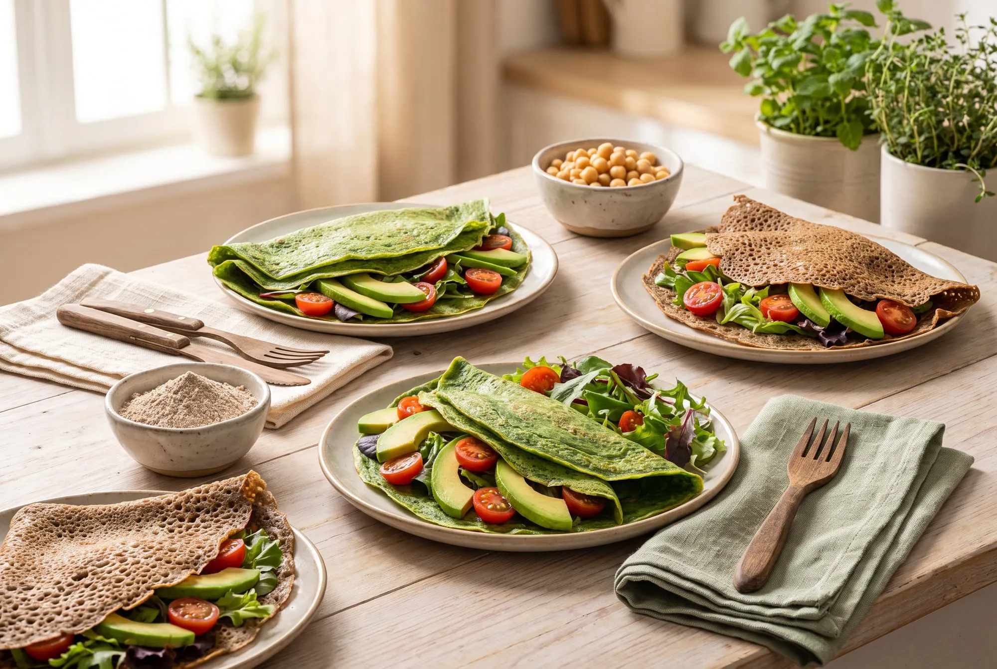Green spinach crepes and buckwheat crepes filled with avocado, tomatoes and greens, with bowls of chickpeas and flour
