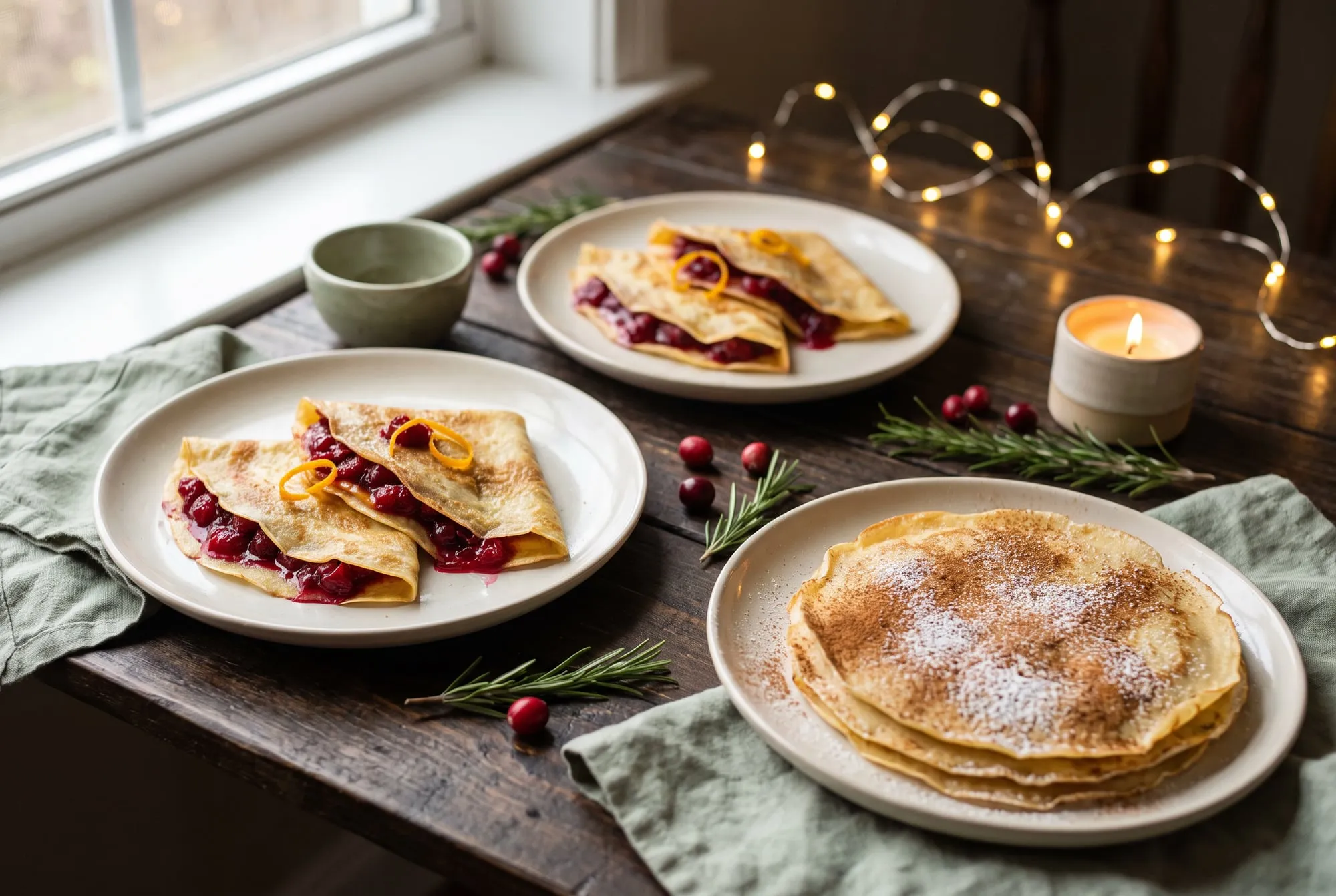 Crepes with cranberry compote and orange zest and a stack dusted with cinnamon sugar on a candlelit holiday table
