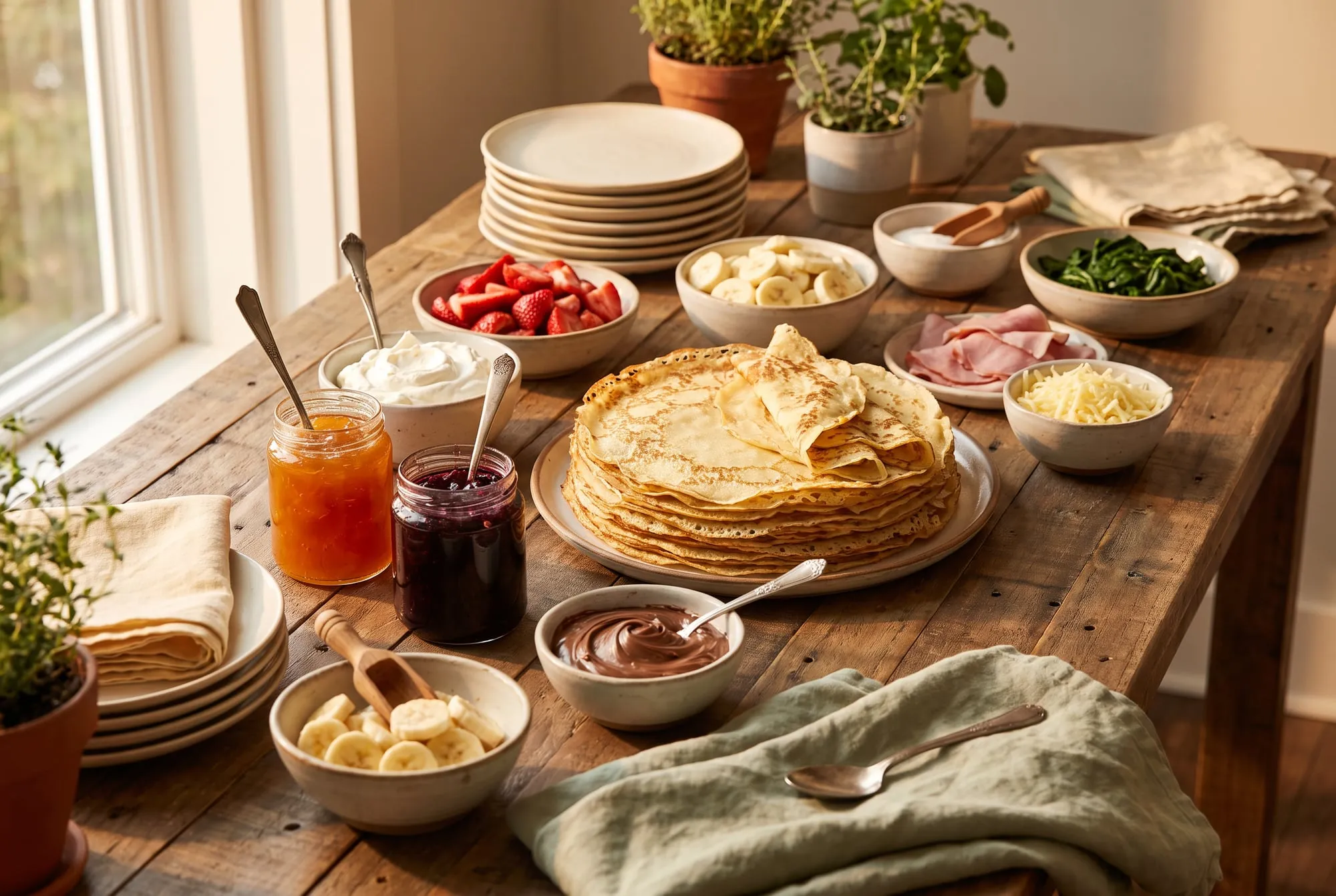 A crepe bar on a long table with a stack of crepes and bowls of sweet and savory toppings