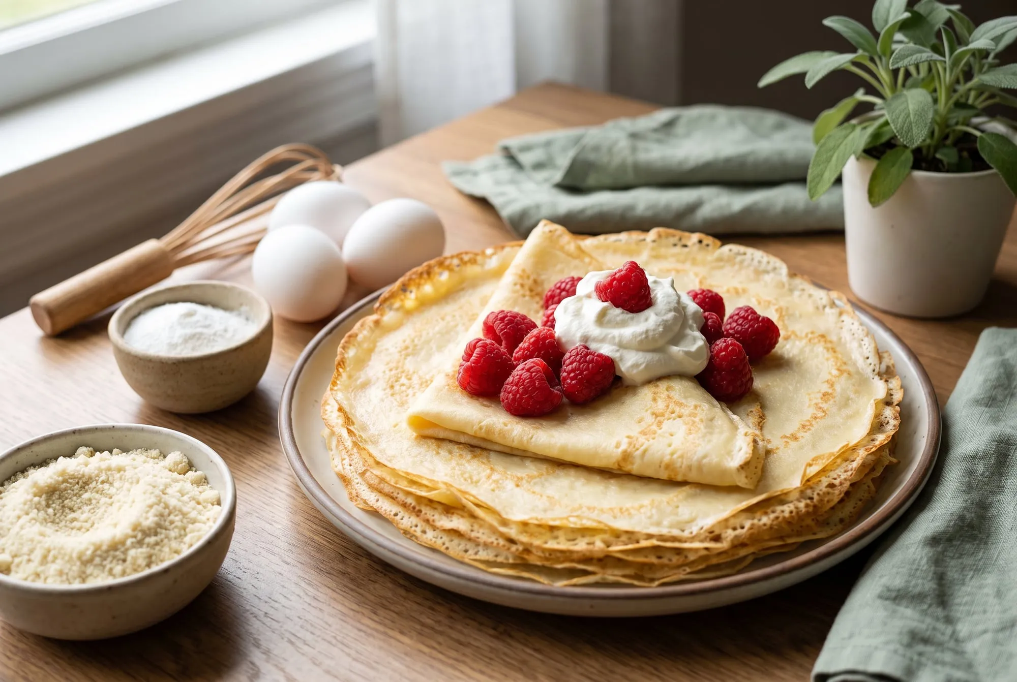 A stack of thin low-carb crepes, the top one folded with raspberries and whipped cream