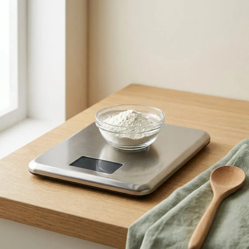 A stainless steel digital kitchen scale with a bowl of flour on it
