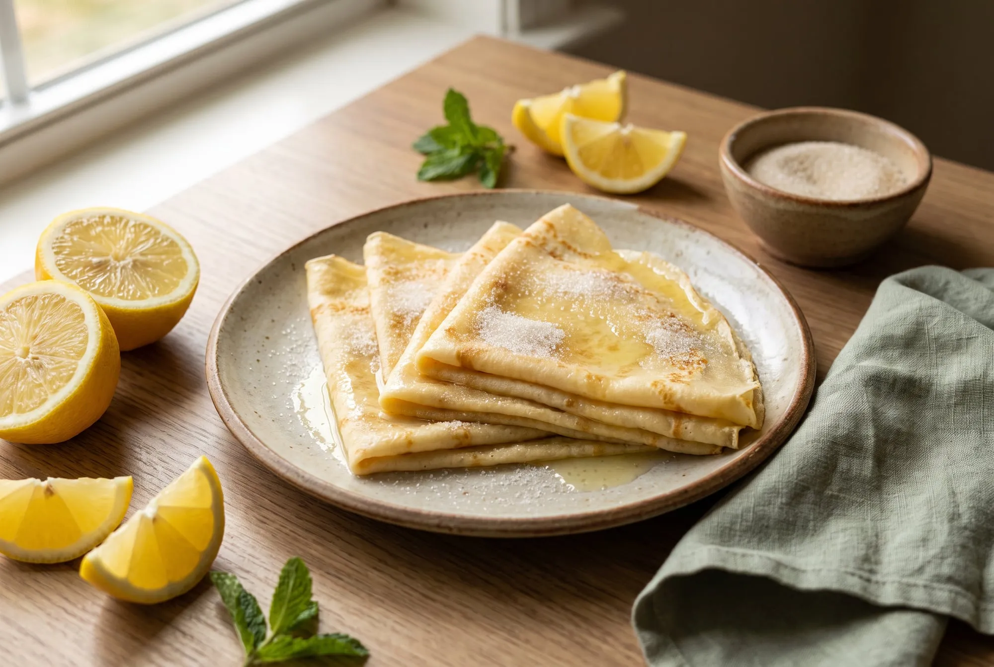 Crepes folded into quarters with sugar and lemon juice, with lemon halves and a bowl of sugar