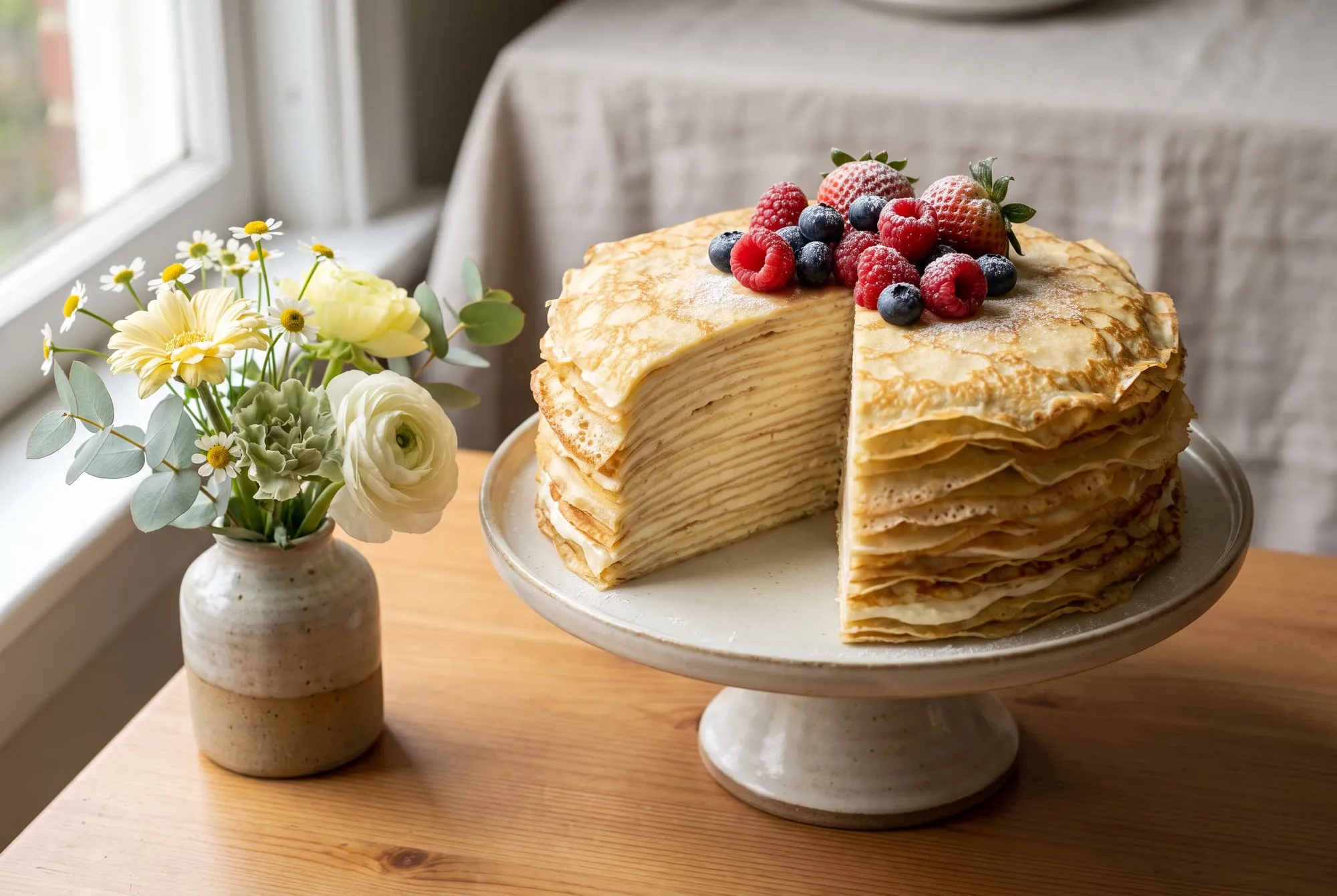 A tall layered crepe cake with a slice removed to show the thin layers, topped with berries
