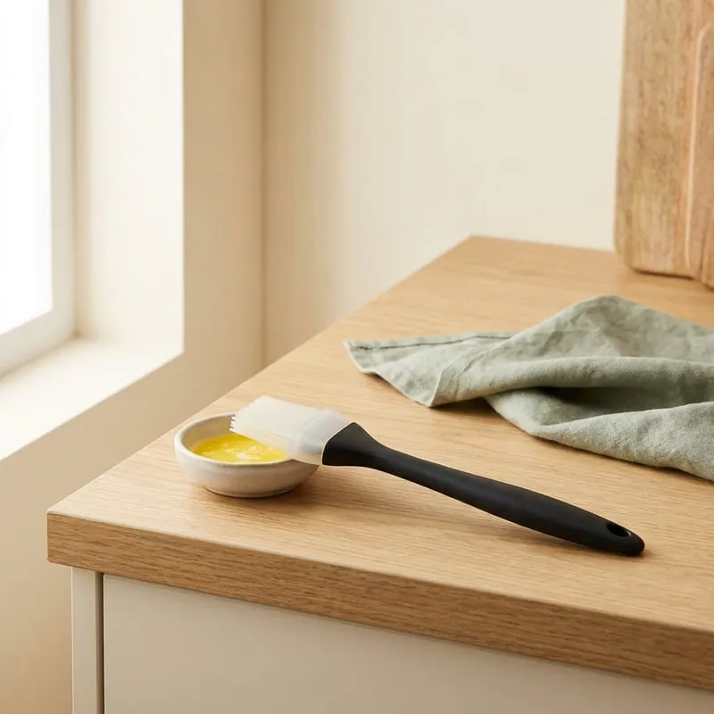 A silicone pastry brush beside a small dish of melted butter