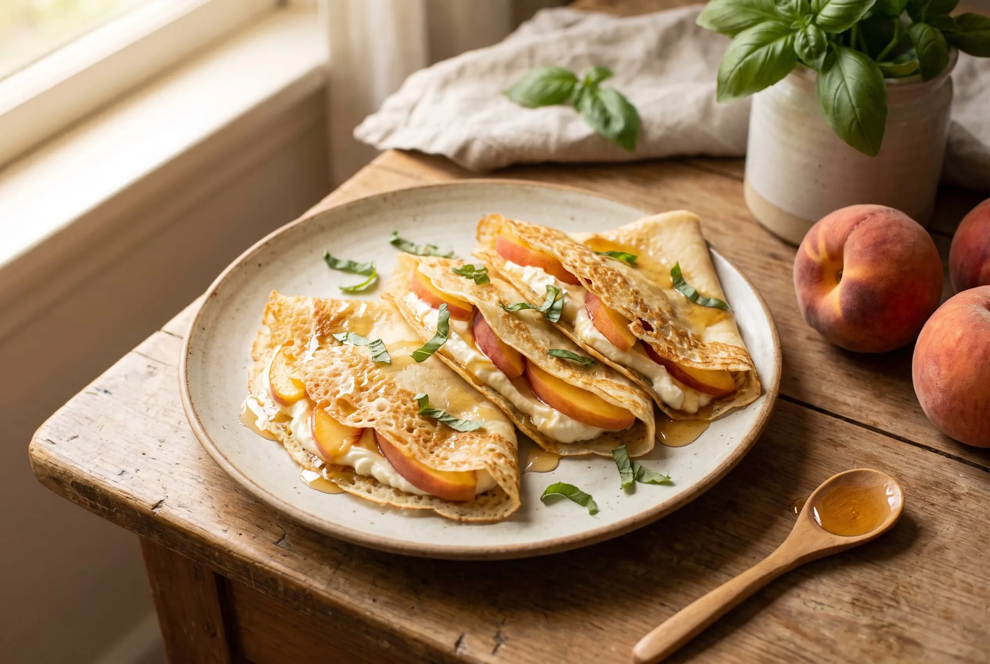 Folded crepes filled with mascarpone cream and sliced peaches, drizzled with honey, with whole peaches beside the plate
