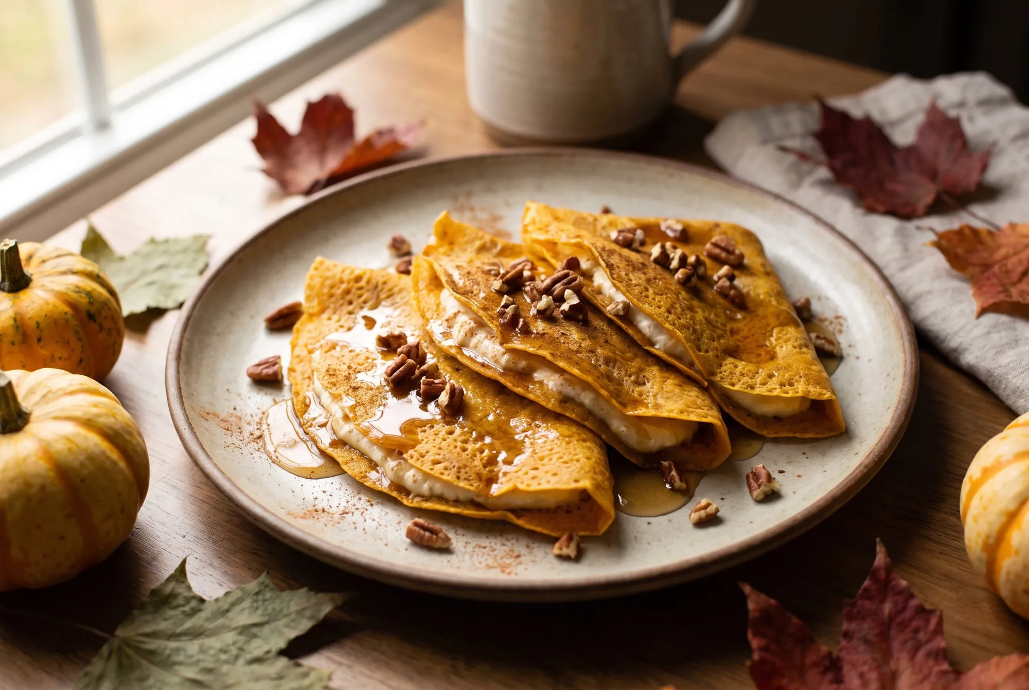 Pumpkin crepes folded around cream cheese filling, drizzled with maple syrup and topped with pecans
