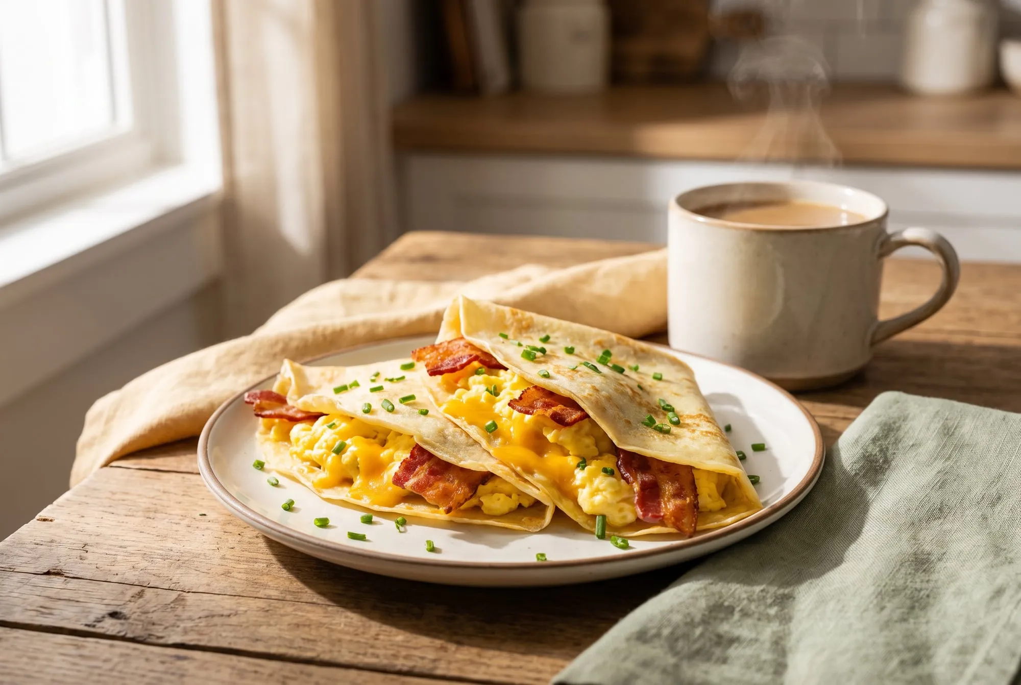 Breakfast crepes folded around scrambled eggs, bacon and melted cheddar, sprinkled with chives, with a cup of coffee
