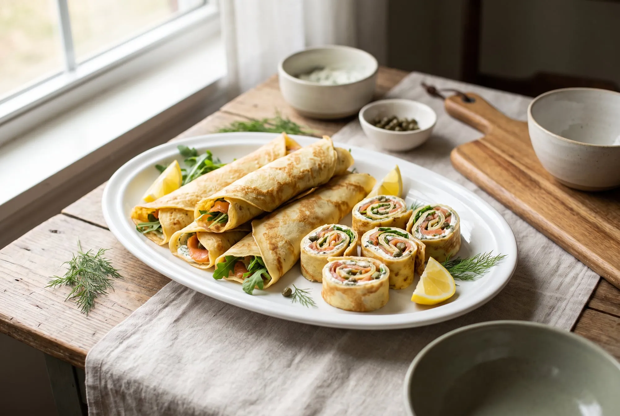 Crepes rolled around smoked salmon, dill cream and capers, some sliced into pinwheels, with lemon wedges