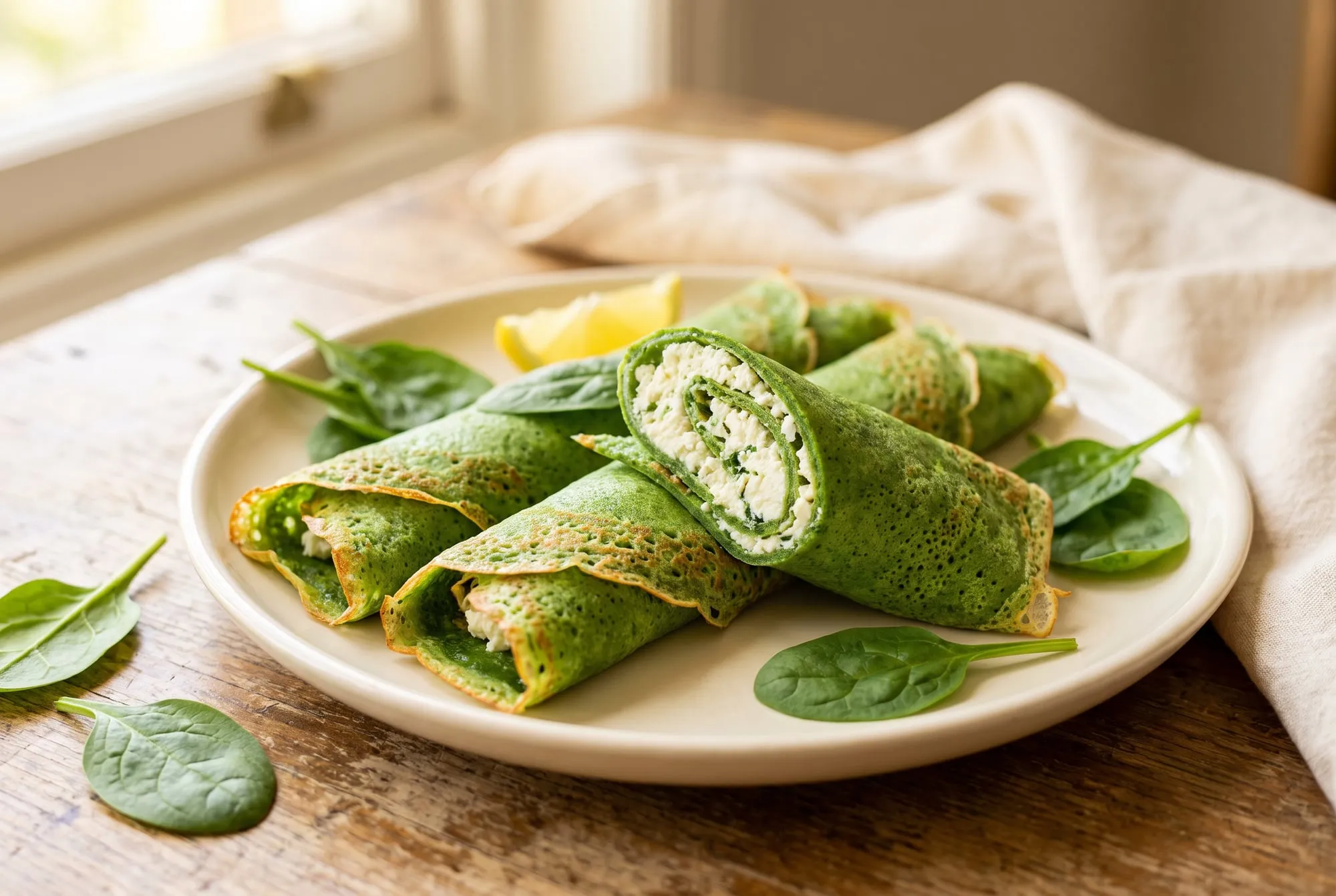 Green spinach crepes rolled around a ricotta and feta filling, one cut open, with spinach leaves and lemon