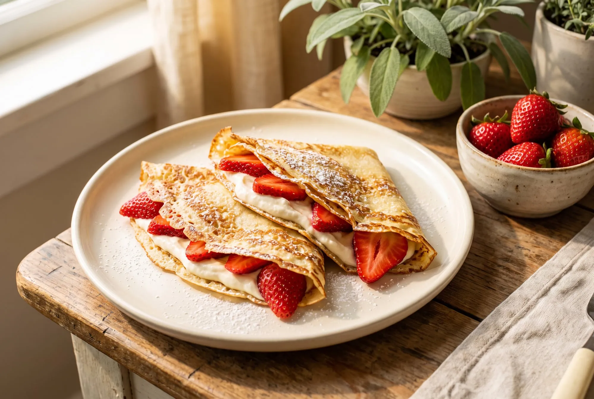 Folded crepes filled with cream cheese and sliced strawberries on a cream plate, dusted with powdered sugar
