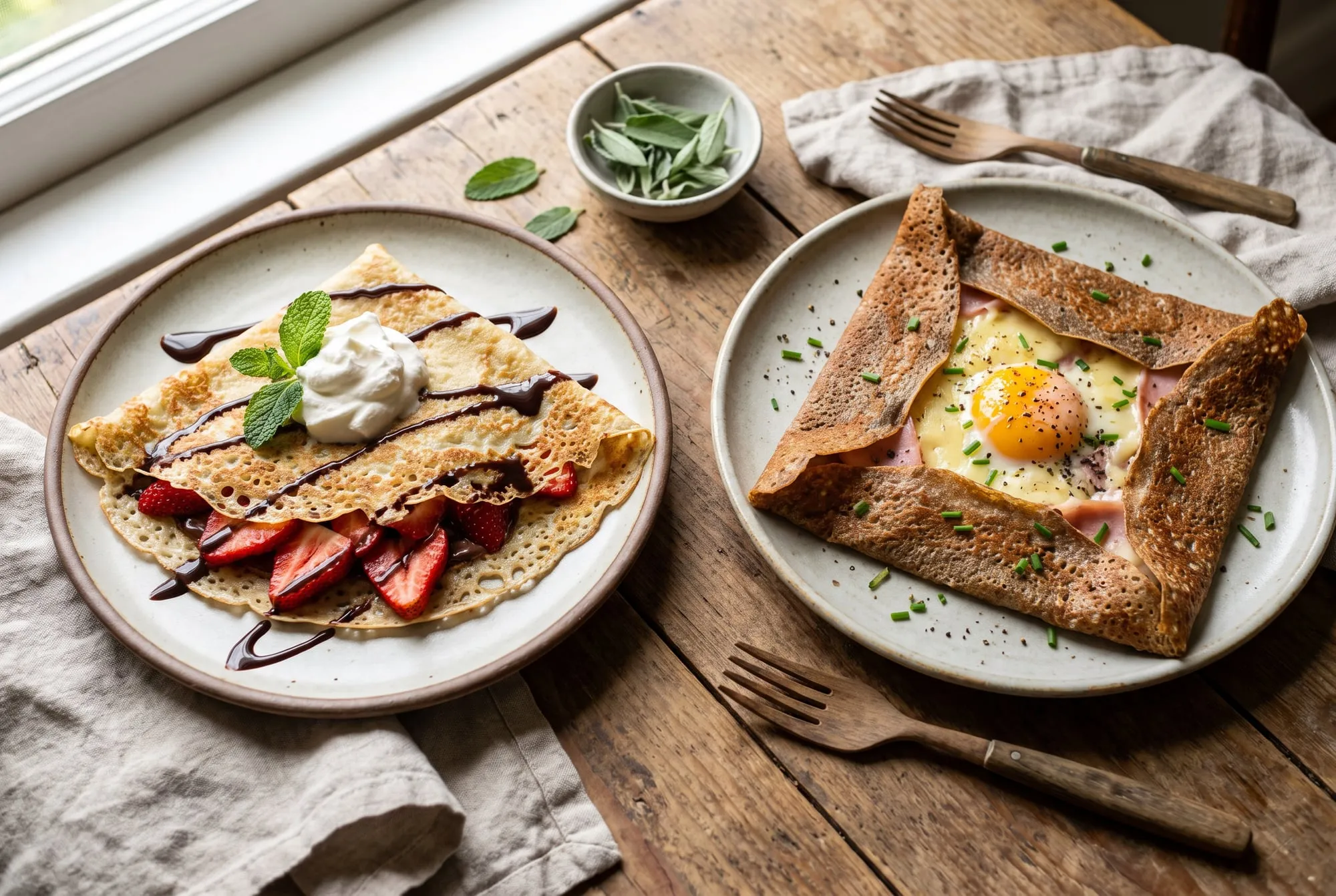 A sweet crepe with strawberries, chocolate sauce and whipped cream next to a savory buckwheat crepe with ham, cheese and egg