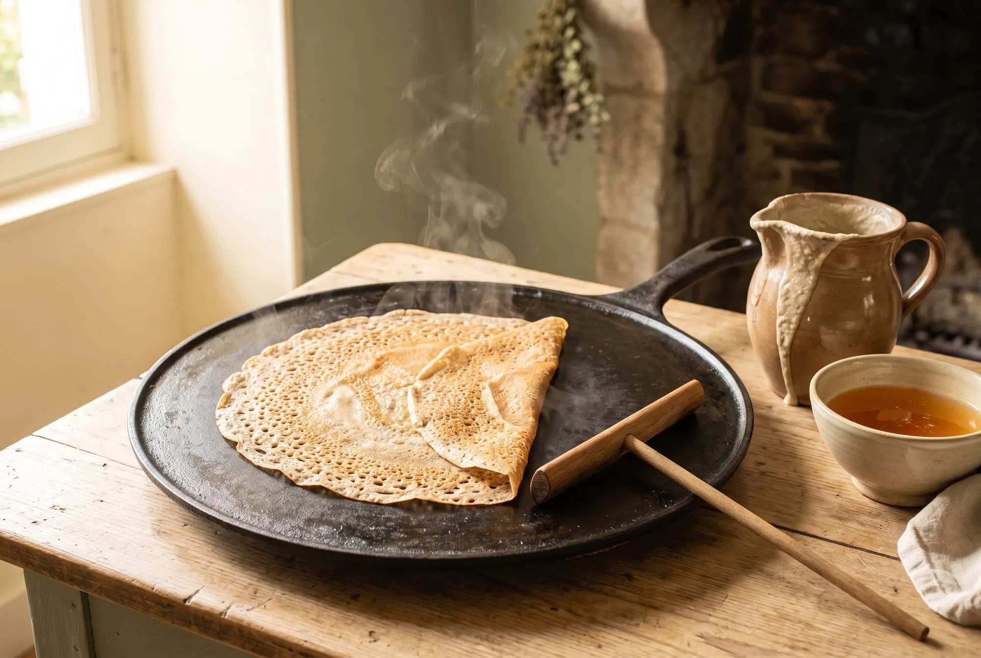A buckwheat galette on a round cast-iron griddle with a wooden batter spreader, a jug of batter and a bowl of cider
