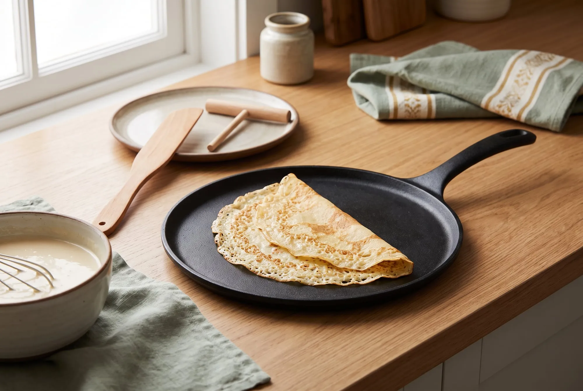 A crepe in a black crepe pan with a wooden spreader, spatula and a bowl of batter on a kitchen counter
