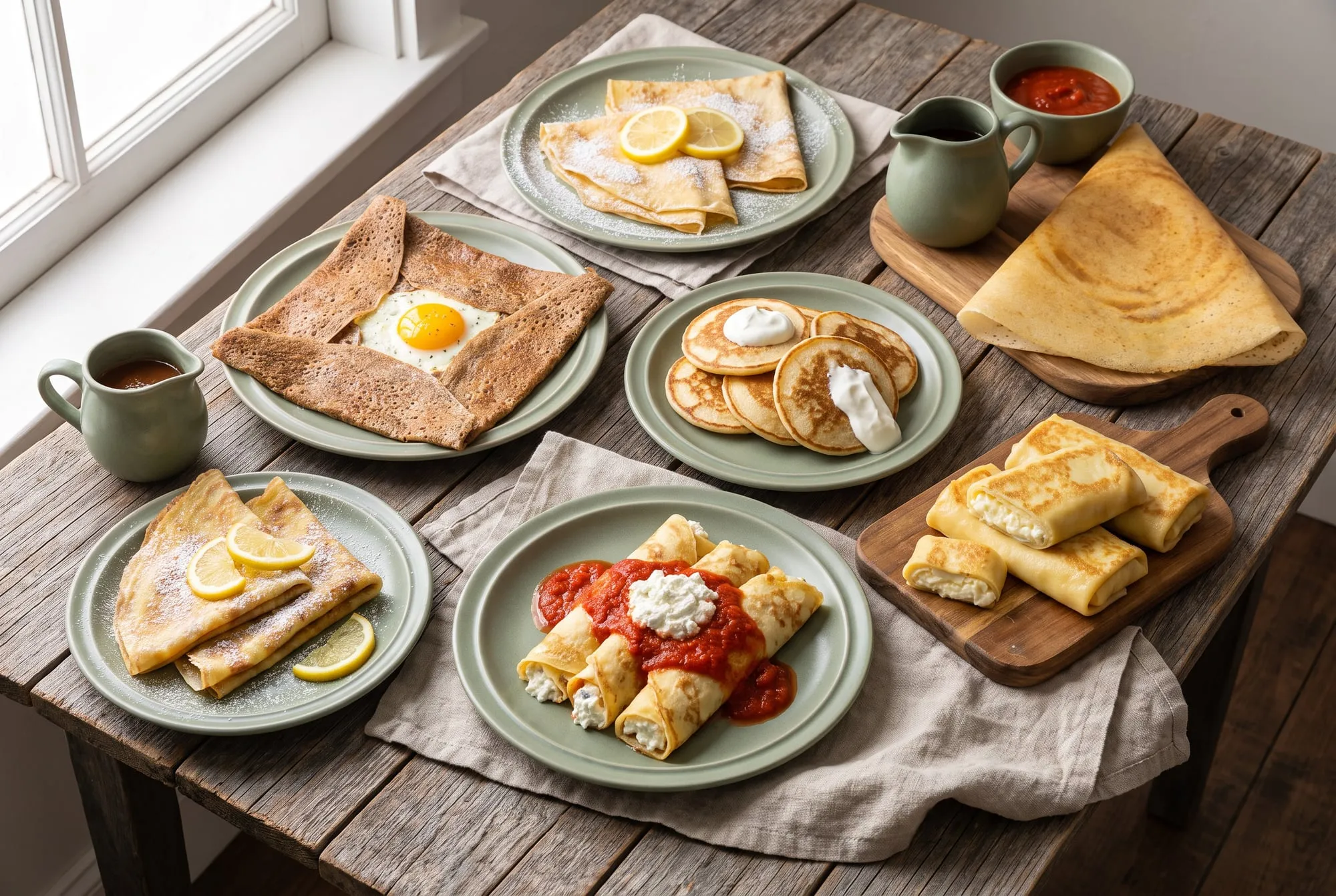 Different kinds of crepes on a wooden table: a buckwheat galette, folded sweet crepes, blini, crespelle, a dosa and blintzes