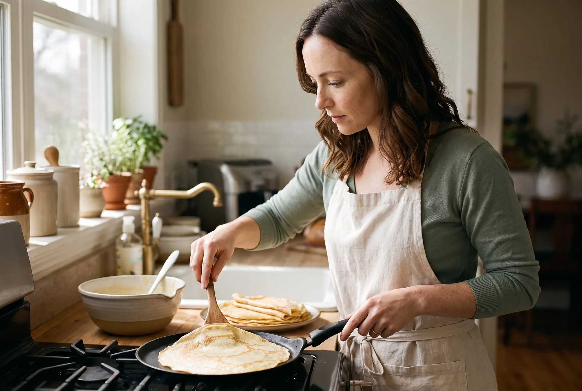 Sarah Delacroix loosening the edge of a thin crepe in a black pan with a wooden spatula